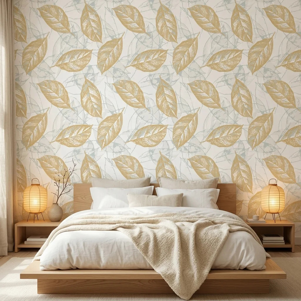 Gilded Frond neutral botanical peel and stick wallpaper adding character to a cozy bedroom