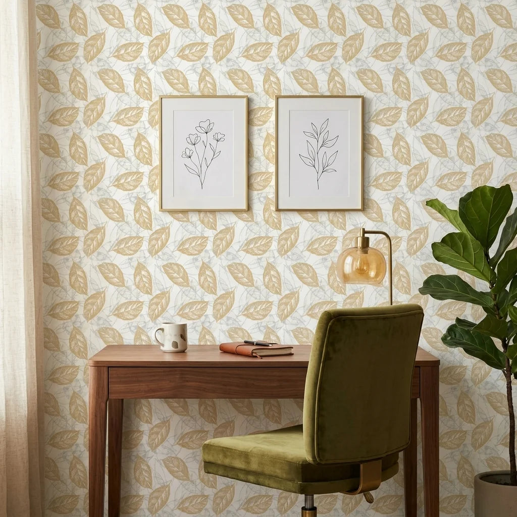 Gilded Frond neutral botanical peel and stick wallpaper as a feature wall in a bright home office