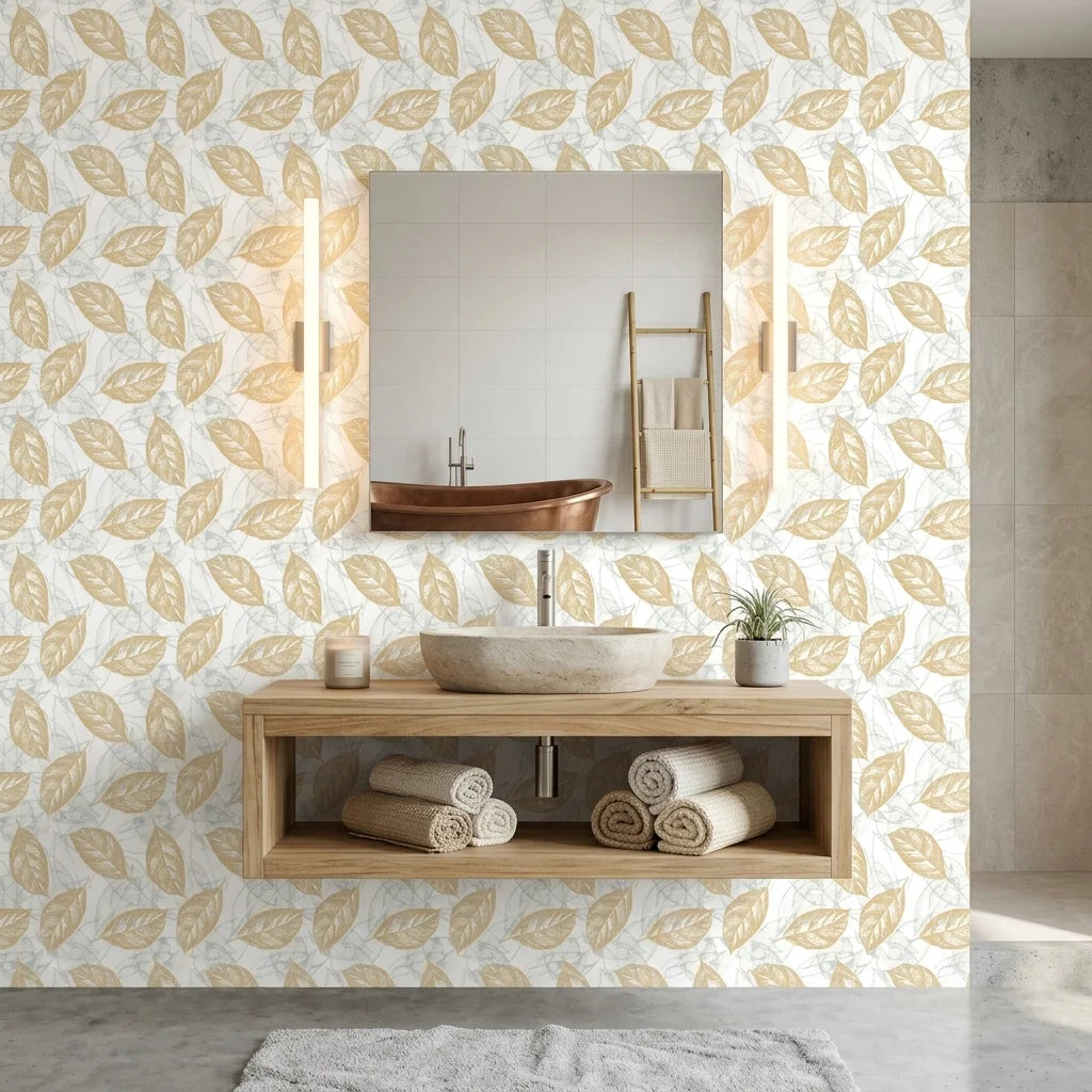 Gilded Frond neutral botanical peel and stick wallpaper creating ambiance in a serene bathroom