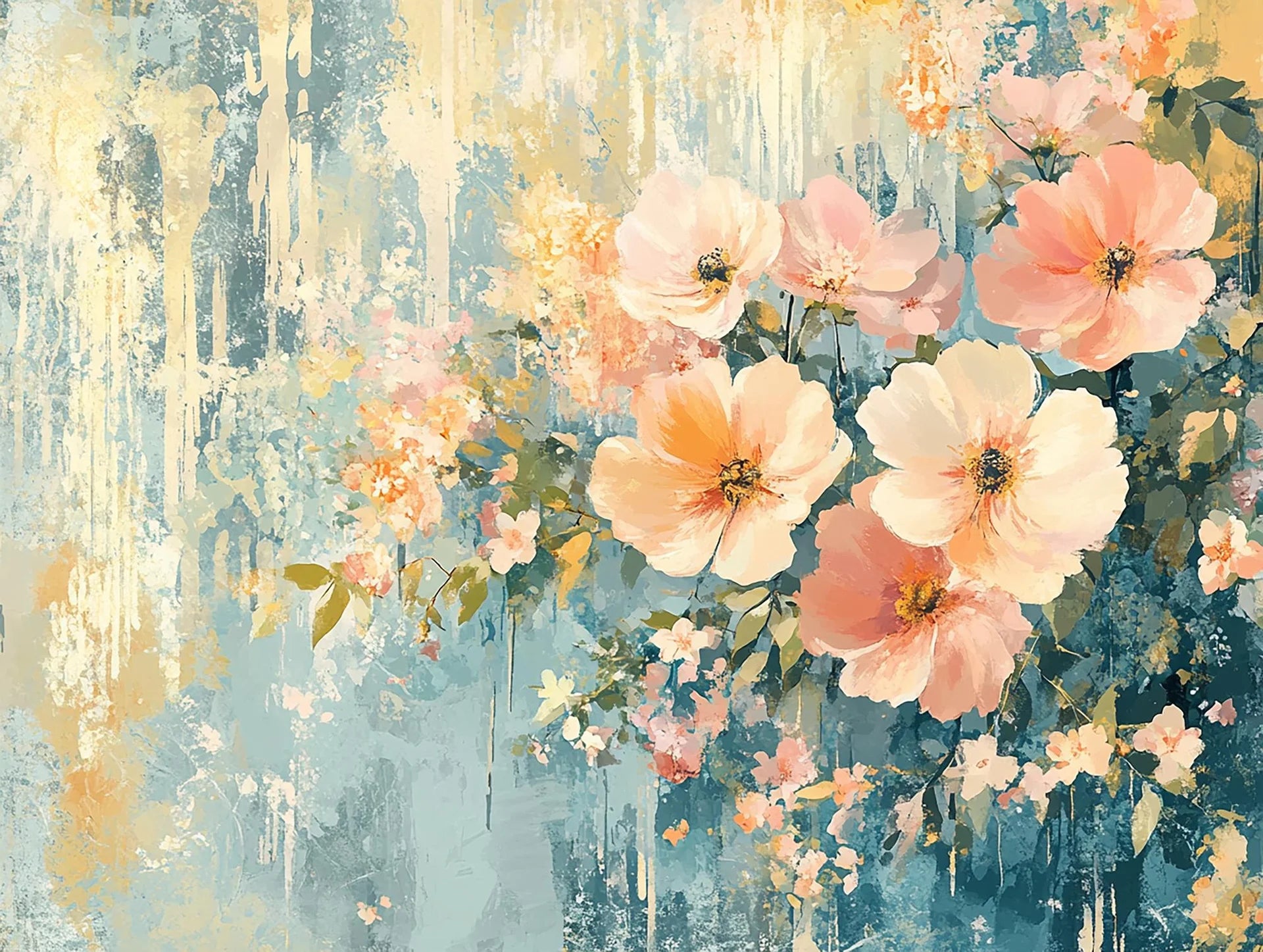 Artistic Gilded Garden wallpaper featuring peach and cream watercolor flowers on distressed teal background