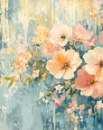Artistic Gilded Garden wallpaper featuring peach and cream watercolor flowers on distressed teal background