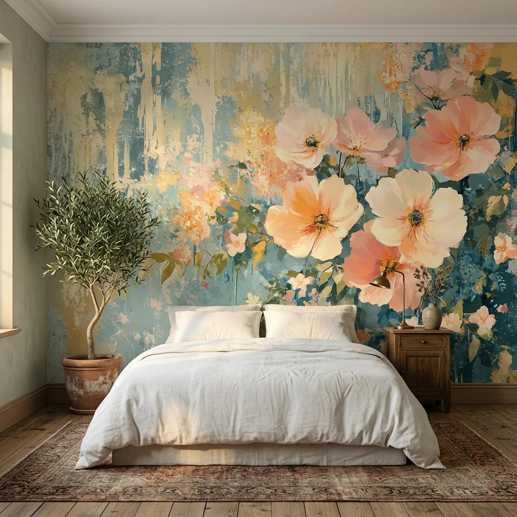 Gilded Garden wallpaper with oversized peach and pink flowers on distressed teal and gold backdrop in cozy bedroom