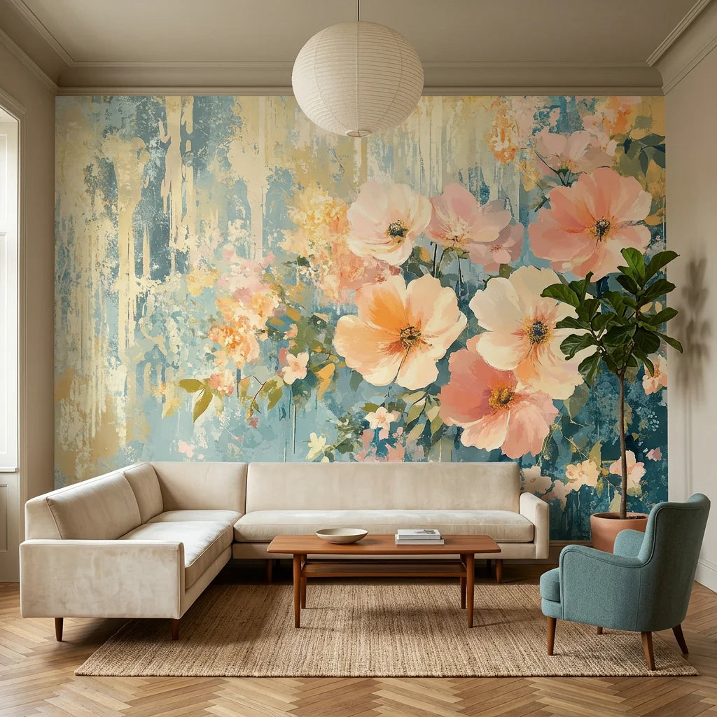 Gilded Garden wallpaper with soft pink blooms on teal brushstroke background in modern living room