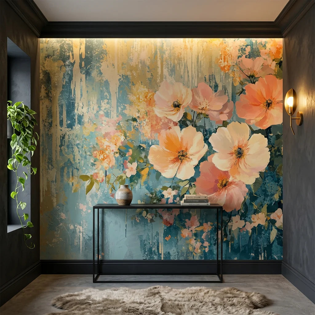 Gilded Garden removable wallpaper featuring oversized peach and cream floral blooms on distressed teal background in modern entryway