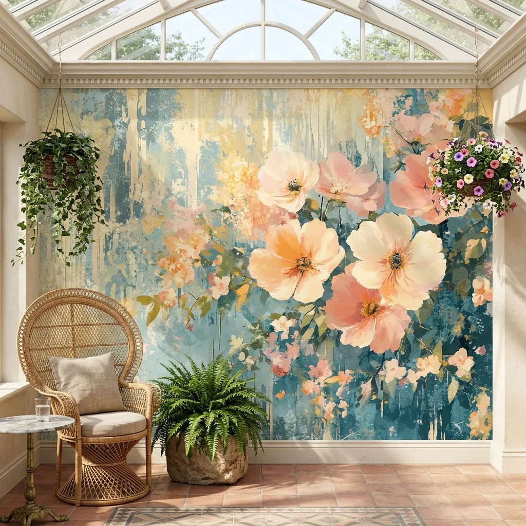 Peach and cream floral Gilded Garden wallpaper with blue distressed background in bright sunroom