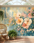 Peach and cream floral Gilded Garden wallpaper with blue distressed background in bright sunroom