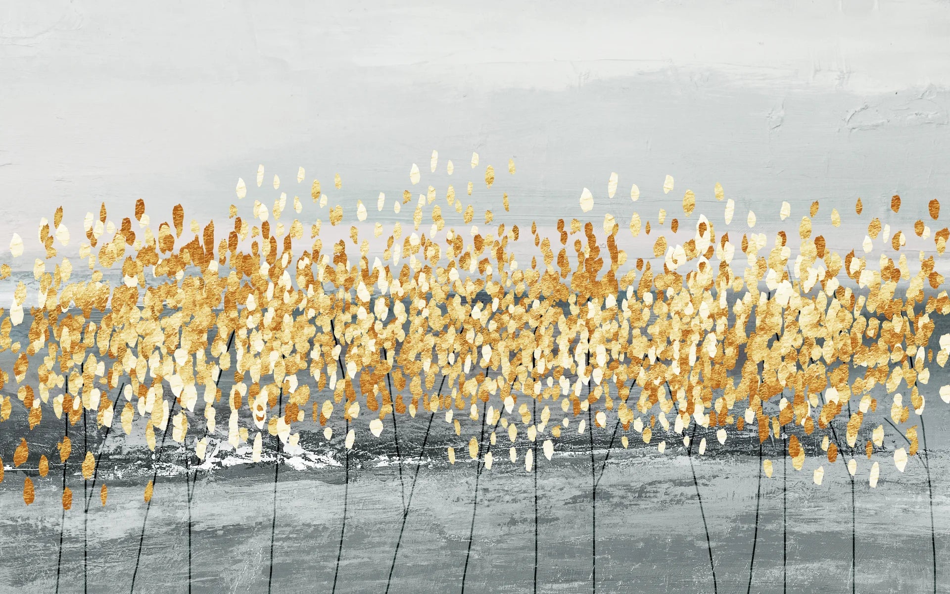 Gilded Grass gold and grey abstract botanical wallpaper creating ambiance in a serene bathroom