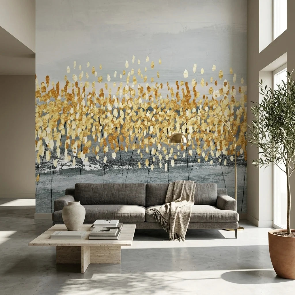 Matte gold and grey abstract botanical grass peel and stick wallpaper - Gilded Grass