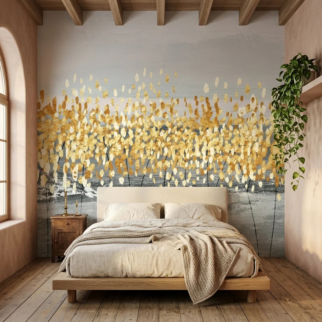 Gilded Grass gold and grey abstract botanical wallpaper in a warm and inviting living room