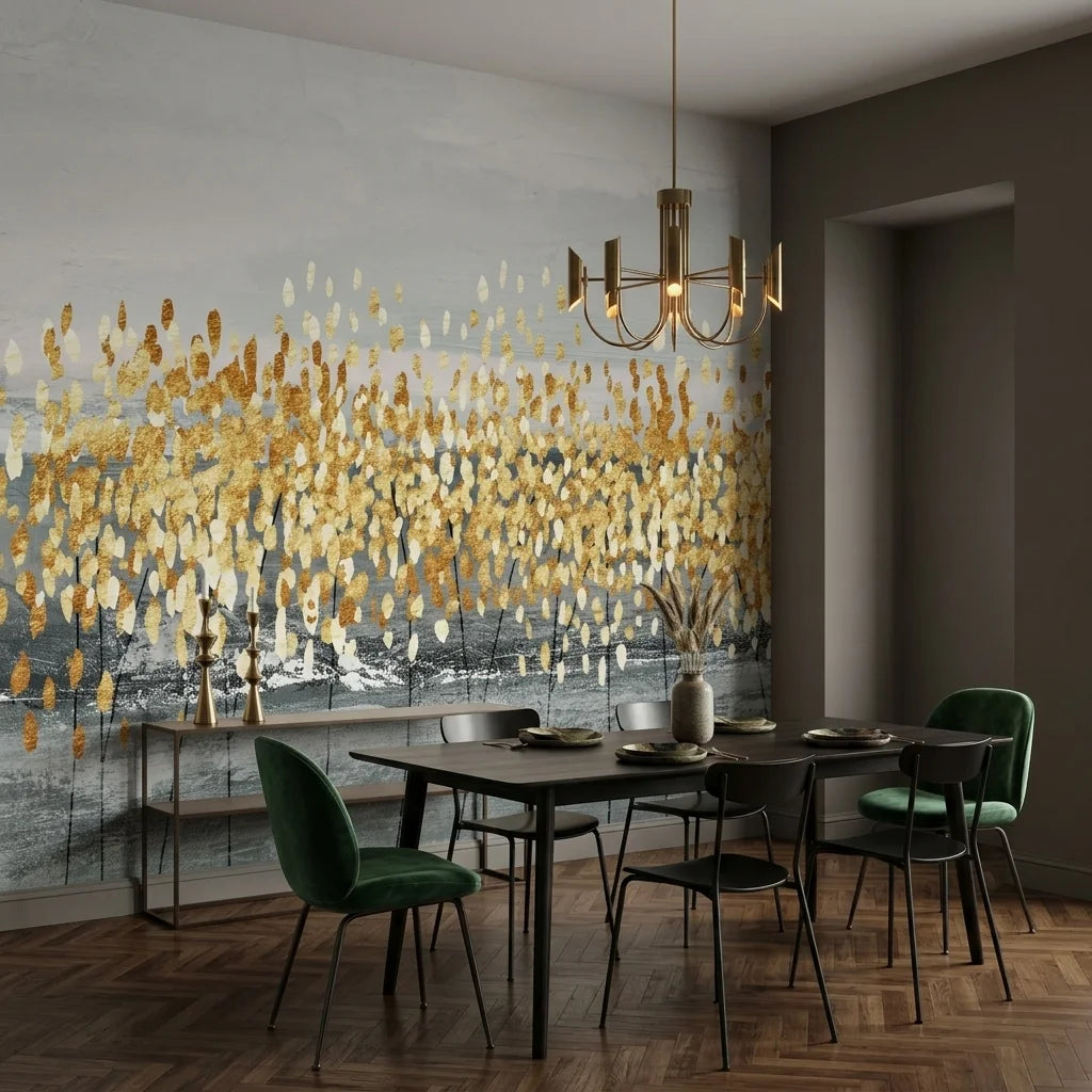 Gilded Grass gold and grey abstract botanical wallpaper adding character to a cozy bedroom