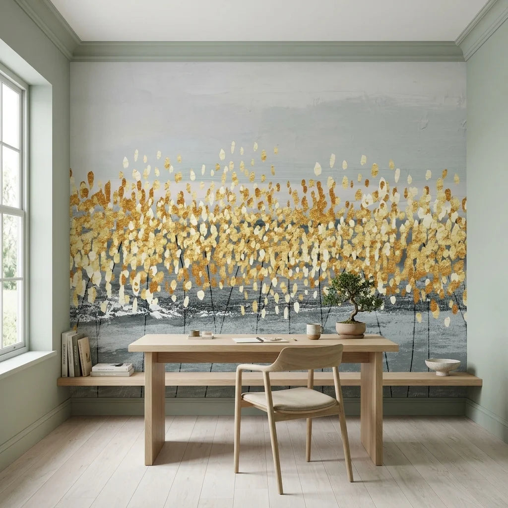 Gilded Grass gold and grey abstract botanical wallpaper as a feature wall in a bright home office