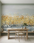 Gilded Grass gold and grey abstract botanical wallpaper as a feature wall in a bright home office