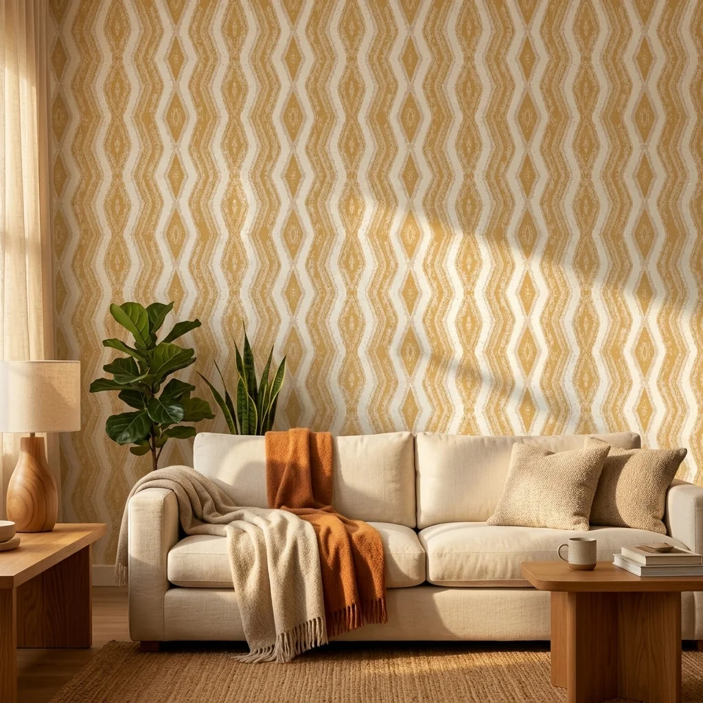 Gilded Rain ochre geometric peel and stick wallpaper in a warm and inviting living room