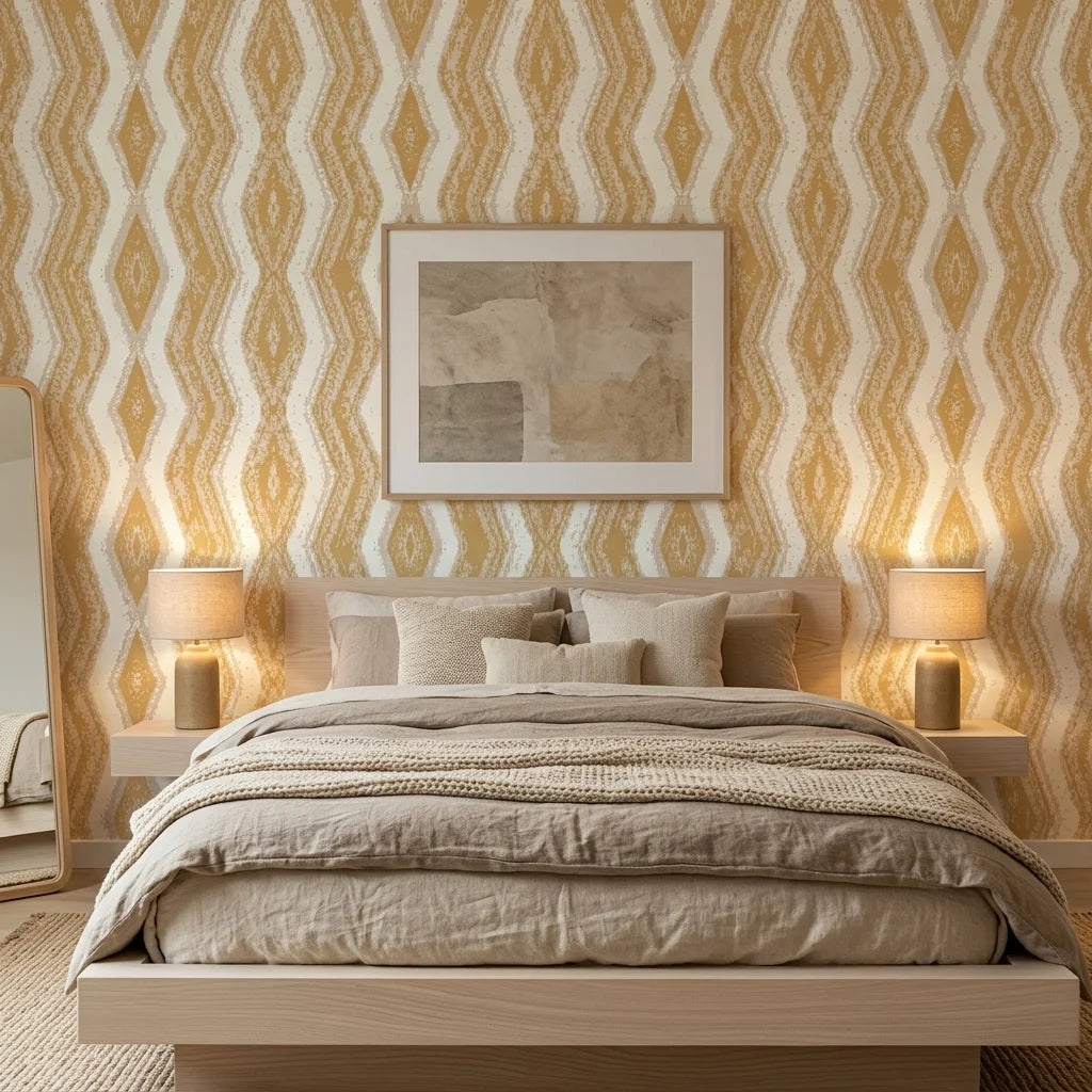 Gilded Rain ochre geometric peel and stick wallpaper adding character to a cozy bedroom