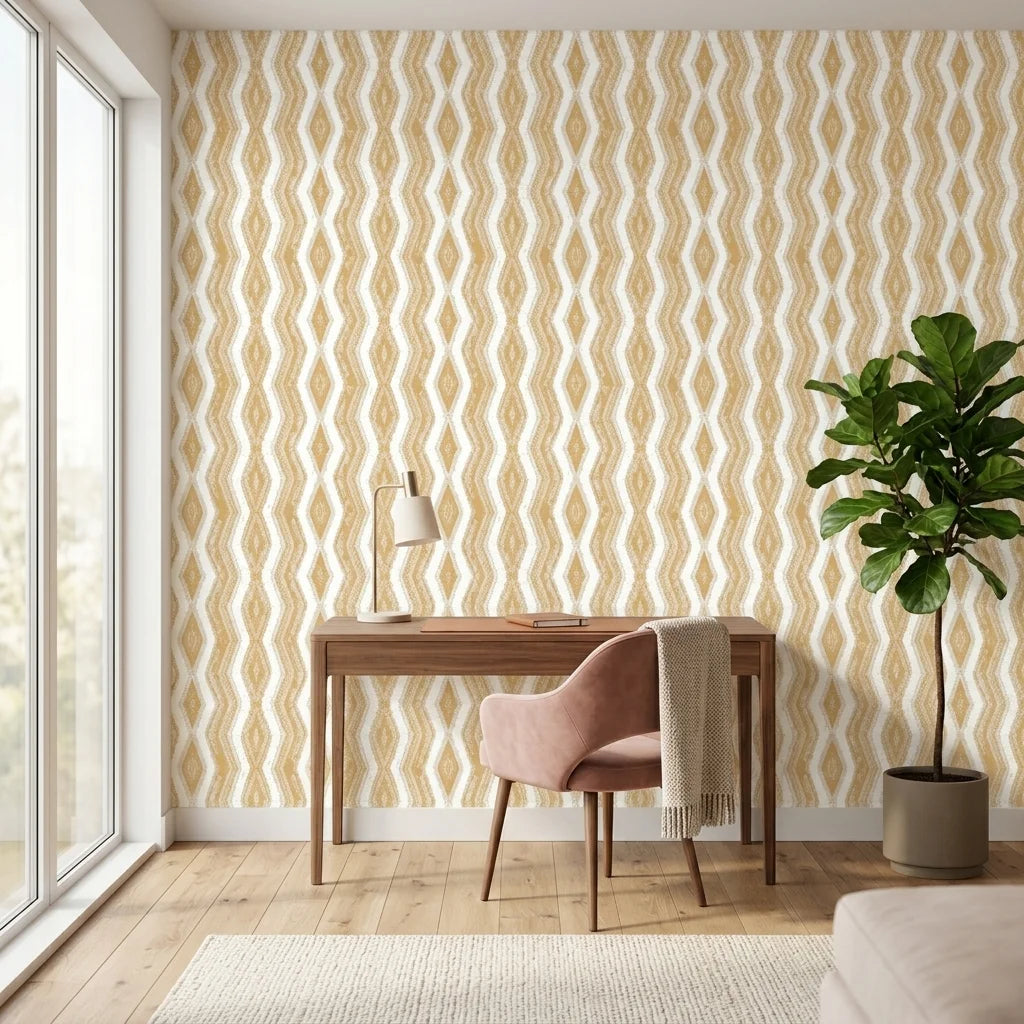 Gilded Rain ochre geometric peel and stick wallpaper as a feature wall in a bright home office