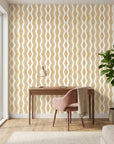 Gilded Rain ochre geometric peel and stick wallpaper as a feature wall in a bright home office