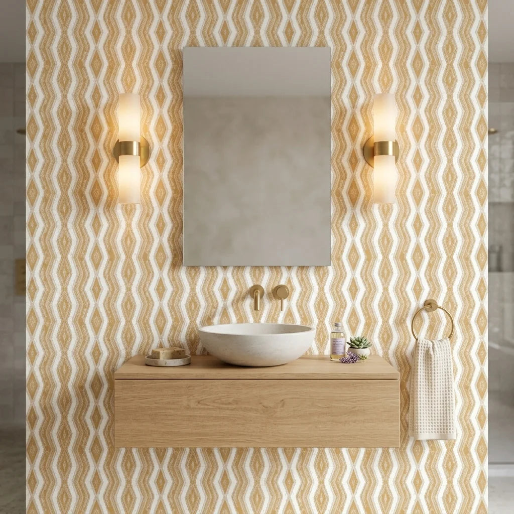 Gilded Rain ochre geometric peel and stick wallpaper creating ambiance in a serene bathroom