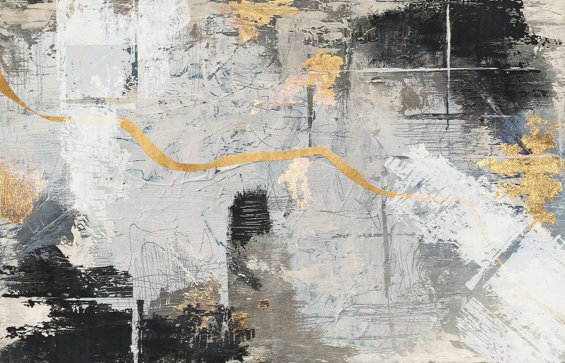 Gilded River grey and gold abstract expressionist wallpaper creating ambiance in a serene bathroom