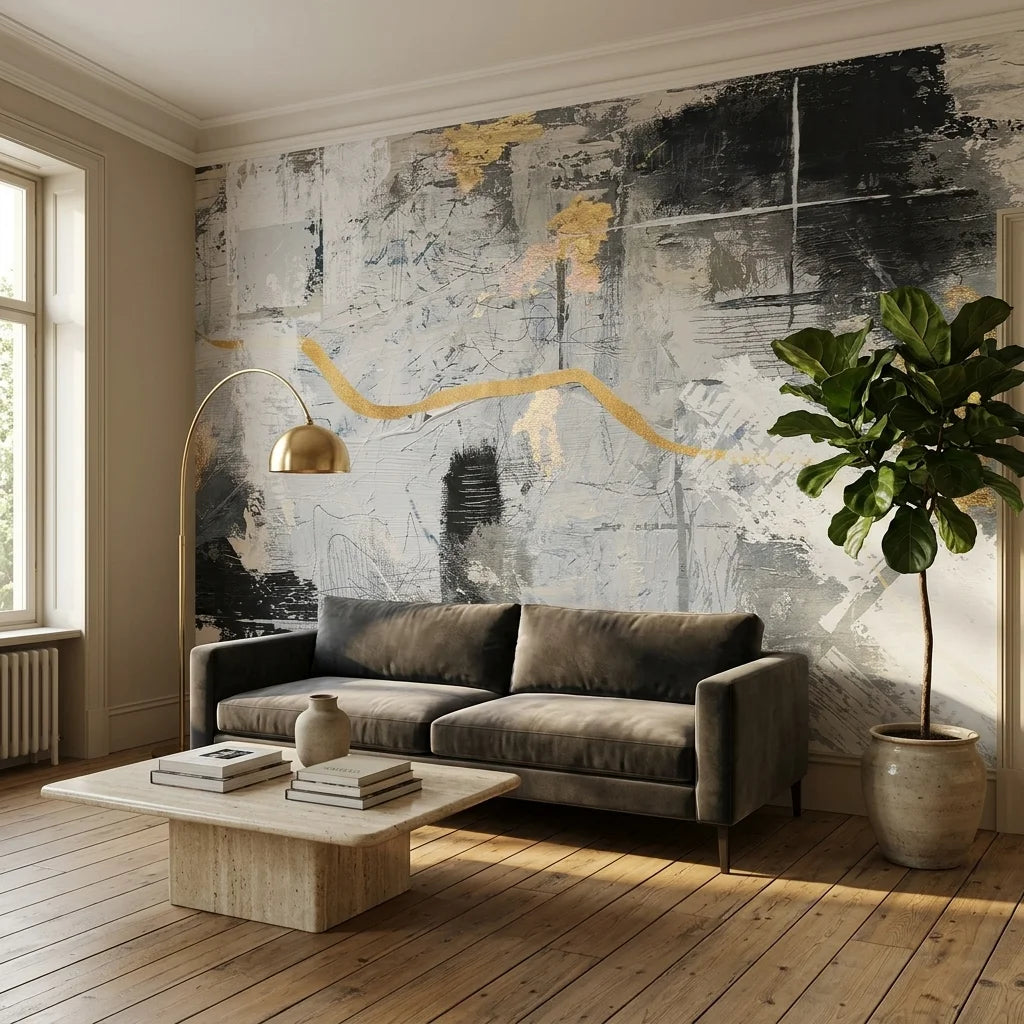 Textured grey and gold abstract expressionist peel and stick wallpaper - Gilded River