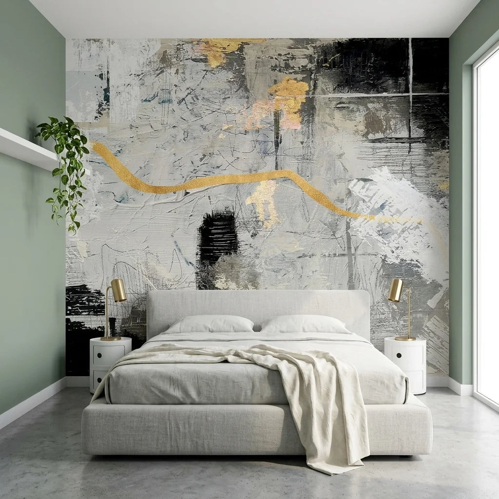 Gilded River grey and gold abstract expressionist wallpaper in a warm and inviting living room