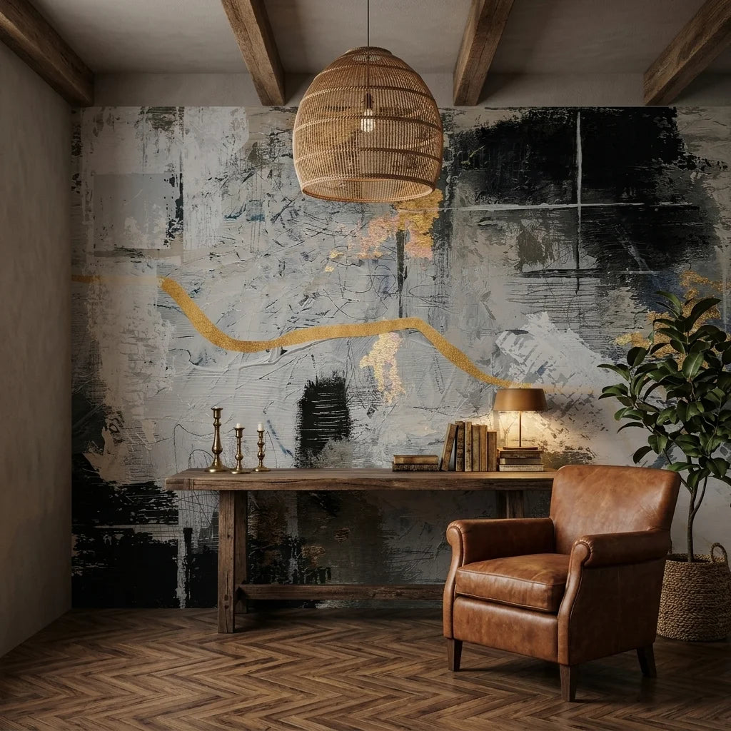 Gilded River grey and gold abstract expressionist wallpaper adding character to a cozy bedroom