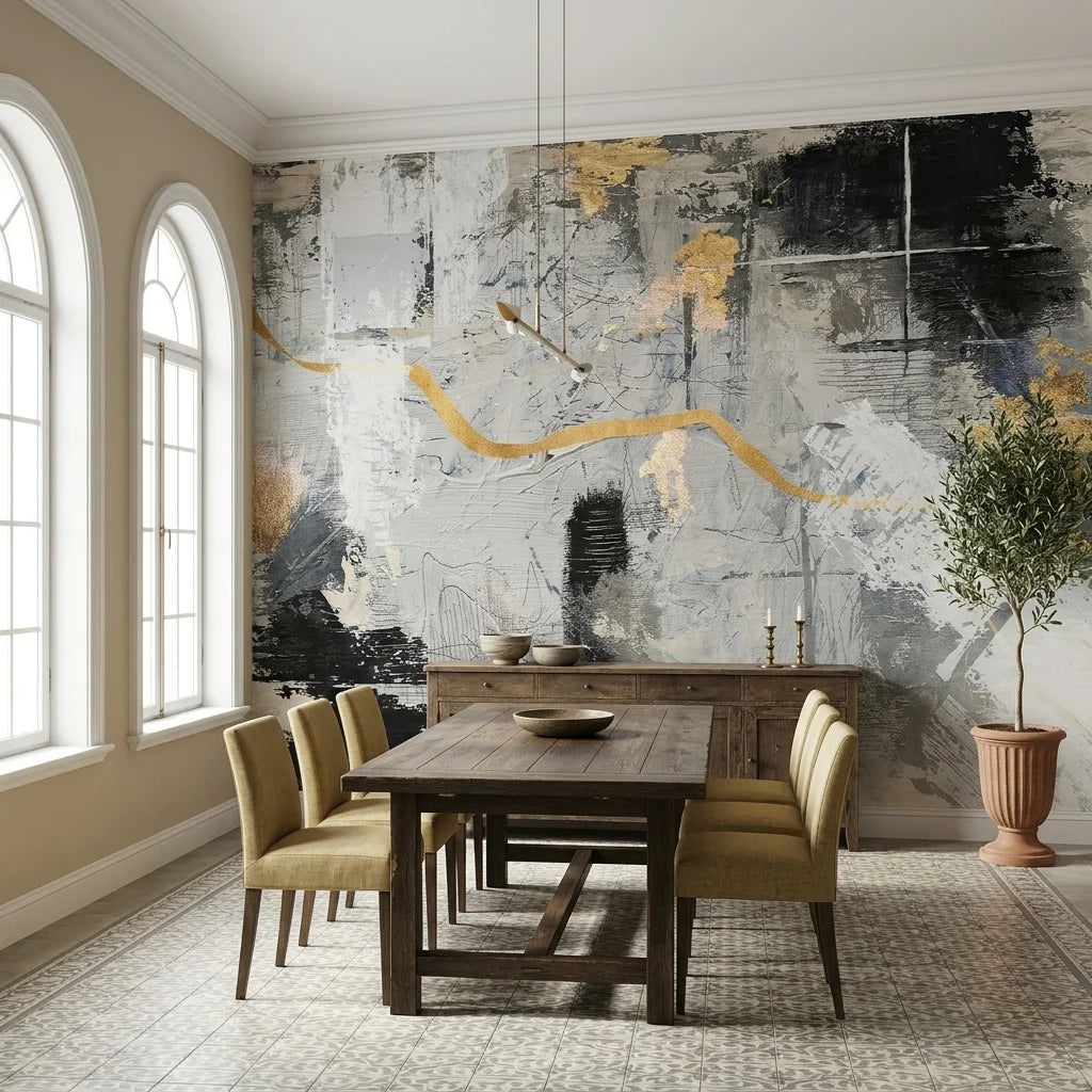 Gilded River grey and gold abstract expressionist wallpaper as a feature wall in a bright home office