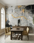 Gilded River grey and gold abstract expressionist wallpaper as a feature wall in a bright home office