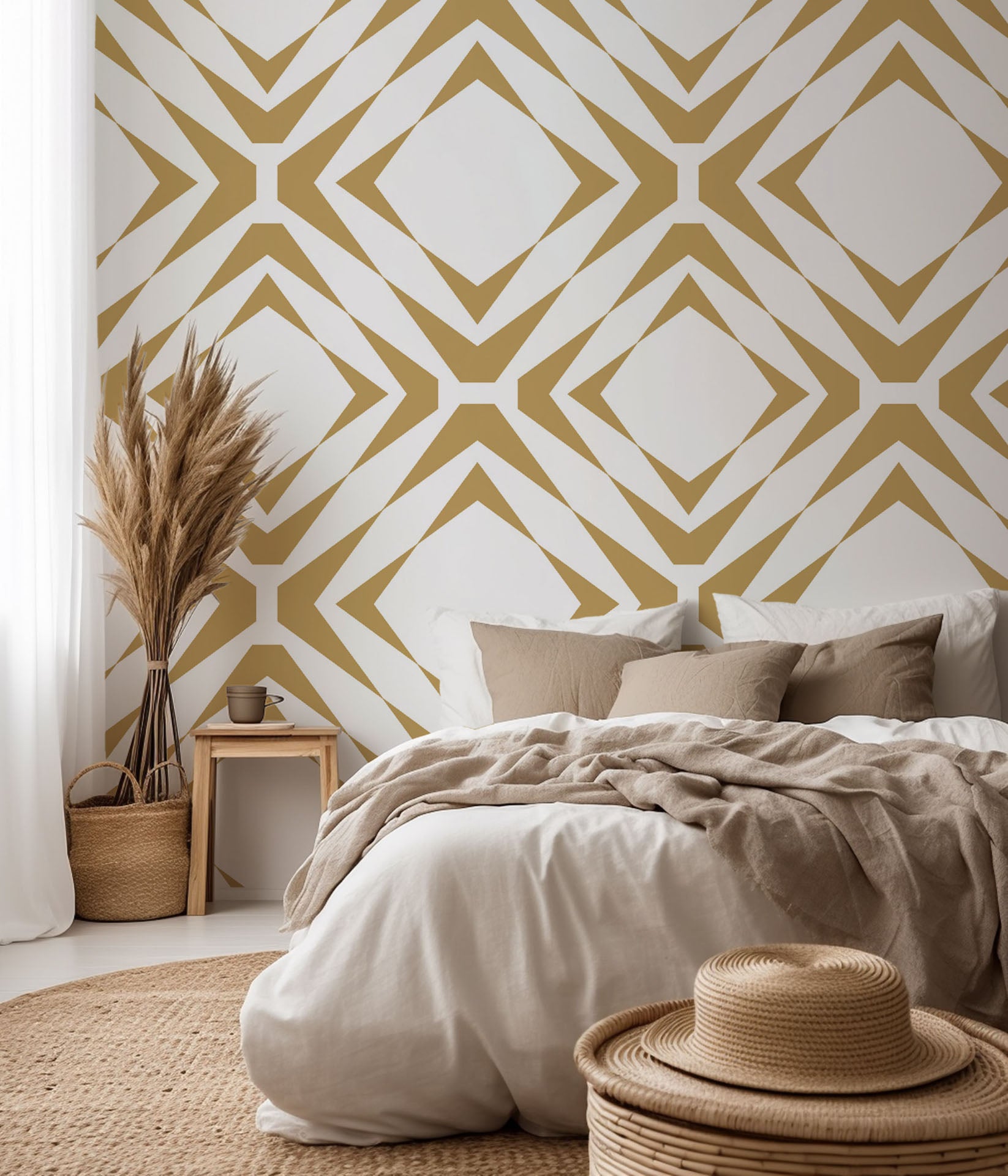 Gold and white peel-and-stick wallcovering featuring a geometric diamond design (Gilded Shards)