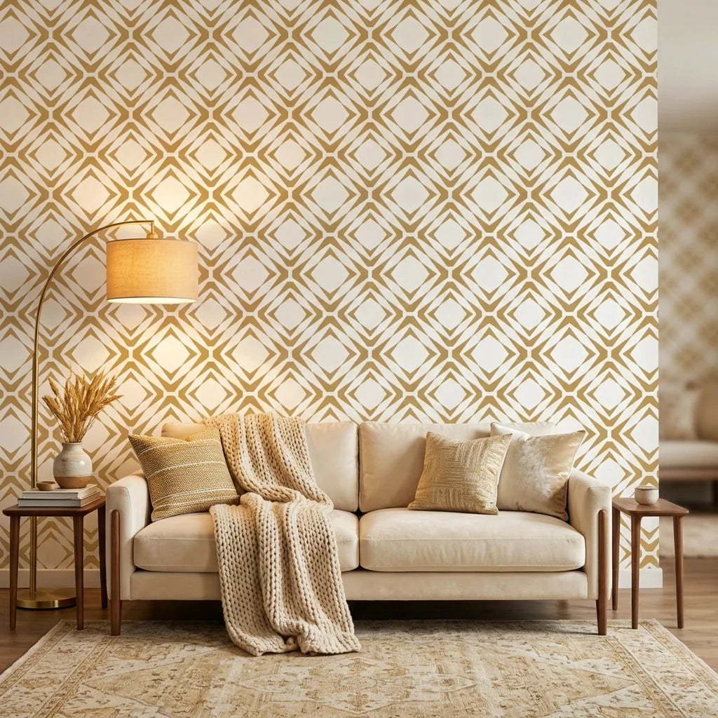 Gilded Shards gold and white geometric chevron tile wallpaper in a warm and inviting living room