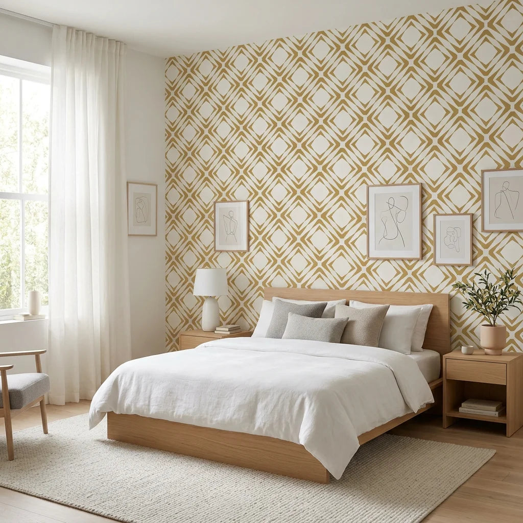 Gilded Shards gold and white geometric chevron tile wallpaper adding character to a cozy bedroom