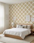 Gilded Shards gold and white geometric chevron tile wallpaper adding character to a cozy bedroom