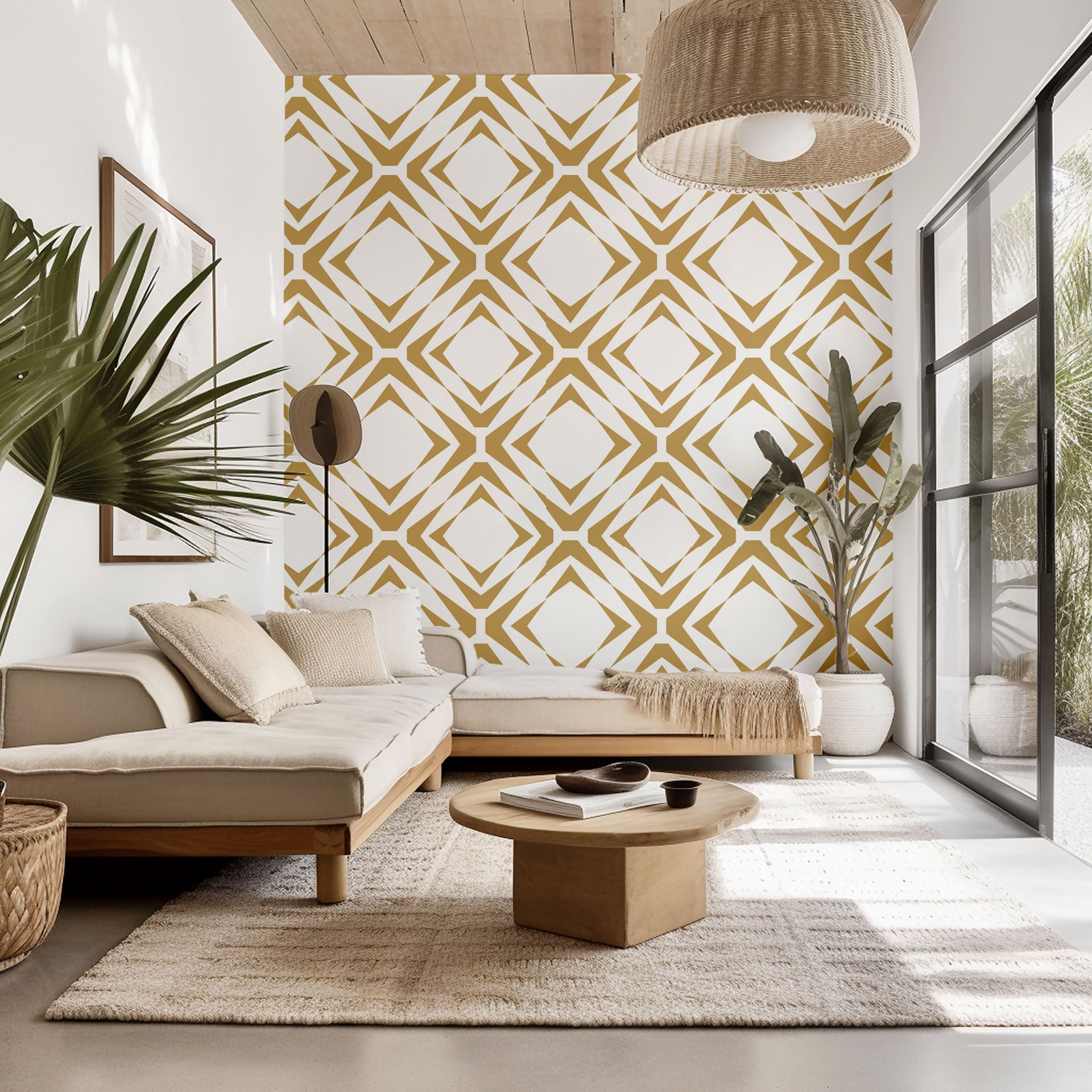 Gilded Shards self-adhesive wallpaper featuring a white and gold geometric diamond pattern