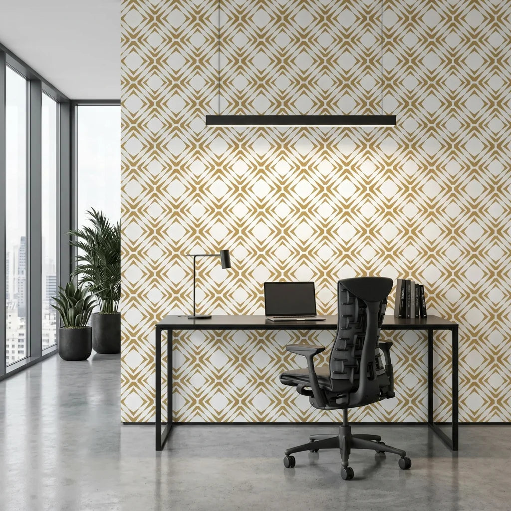 Gilded Shards gold and white geometric chevron tile wallpaper as a feature wall in a bright home office