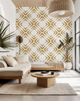 Gilded Shards self-adhesive wallpaper featuring a white and gold geometric diamond pattern