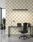 Gilded Shards gold and white geometric chevron tile wallpaper as a feature wall in a bright home office