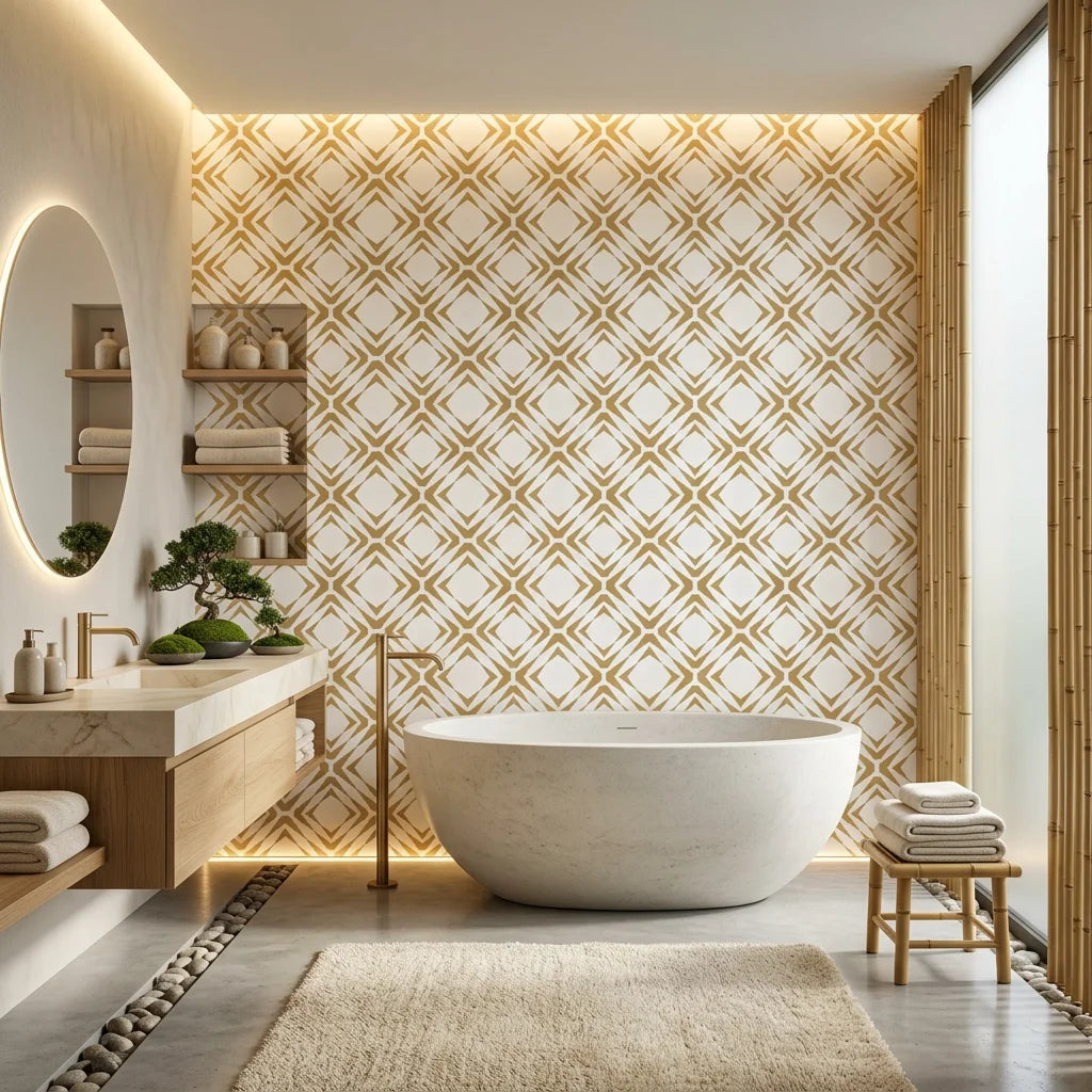 Gilded Shards gold and white geometric chevron tile wallpaper creating ambiance in a serene bathroom