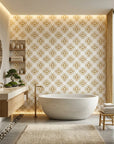Gilded Shards gold and white geometric chevron tile wallpaper creating ambiance in a serene bathroom