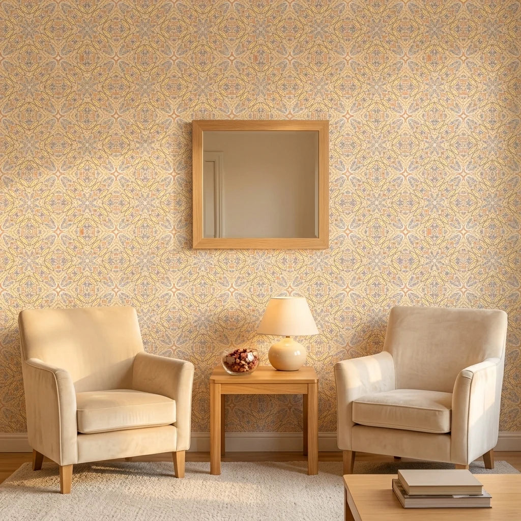 Gilded Sun warm geometric peel and stick wallpaper in a warm and inviting living room