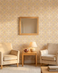 Gilded Sun warm geometric peel and stick wallpaper in a warm and inviting living room