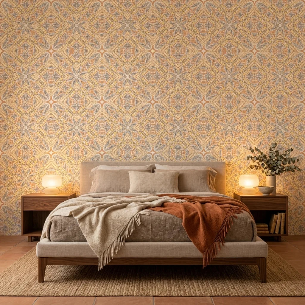Gilded Sun warm geometric peel and stick wallpaper adding character to a cozy bedroom