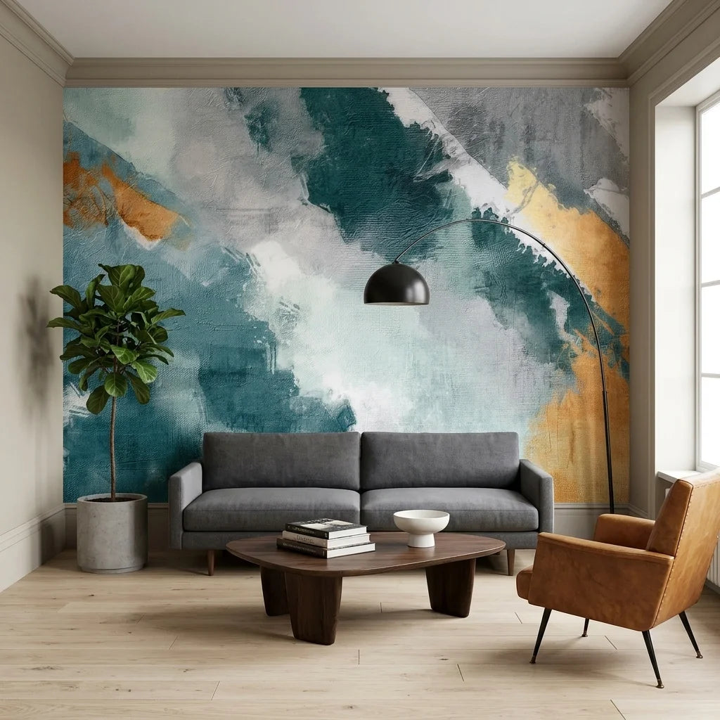 Canvas-like teal and gold abstract brushstroke peel and stick wallpaper - Gilded Sweep