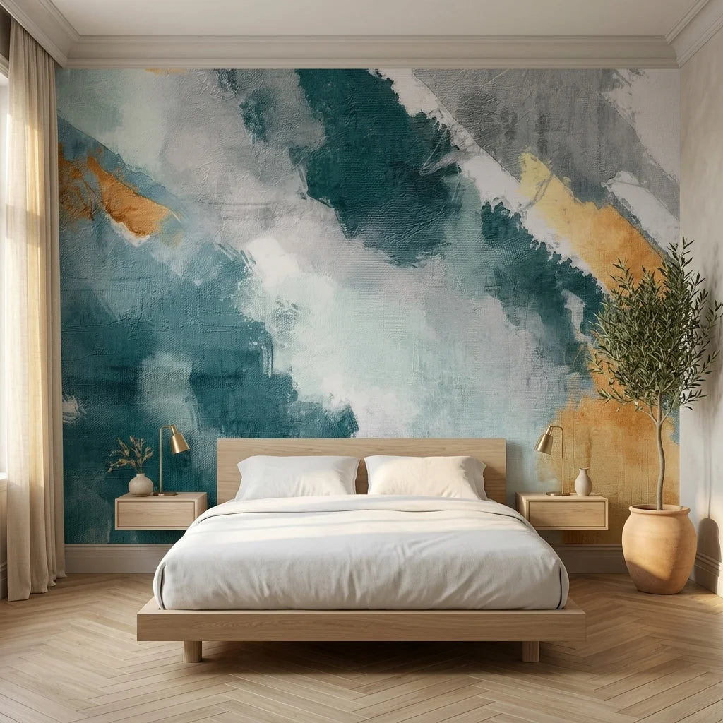 Gilded Sweep elegant teal and gold abstract wallpaper in a warm and inviting living room