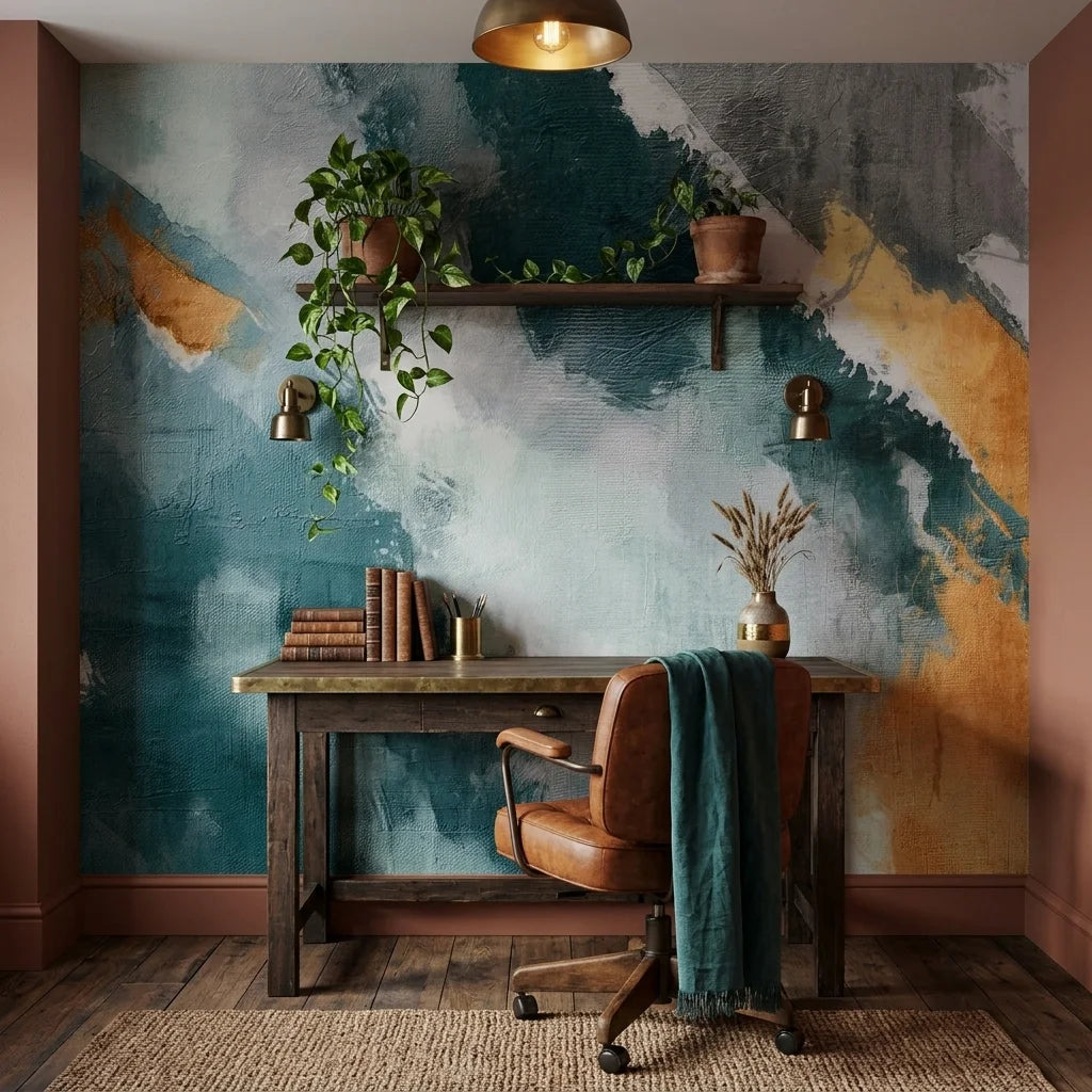 Gilded Sweep elegant teal and gold abstract wallpaper adding character to a cozy bedroom