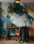 Gilded Sweep elegant teal and gold abstract wallpaper adding character to a cozy bedroom