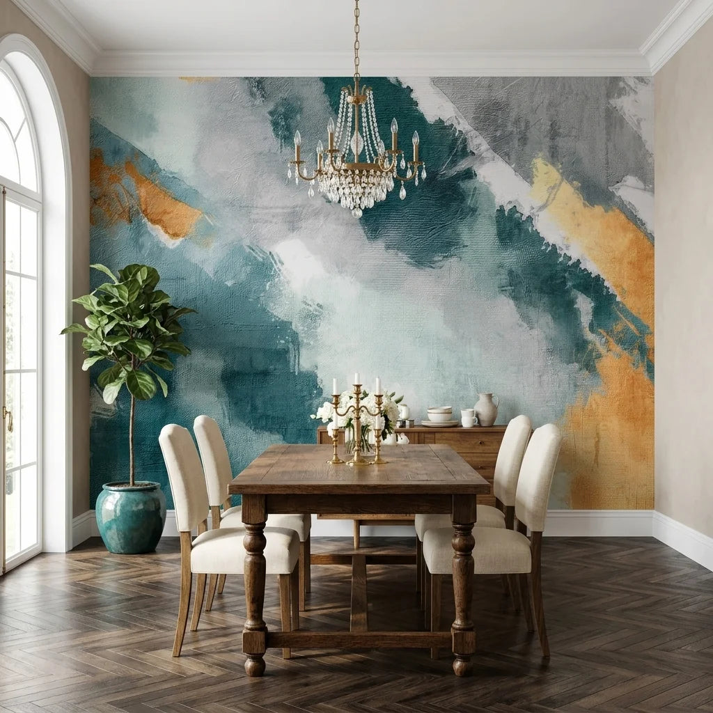 Gilded Sweep elegant teal and gold abstract wallpaper as a feature wall in a bright home office