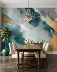 Gilded Sweep elegant teal and gold abstract wallpaper as a feature wall in a bright home office