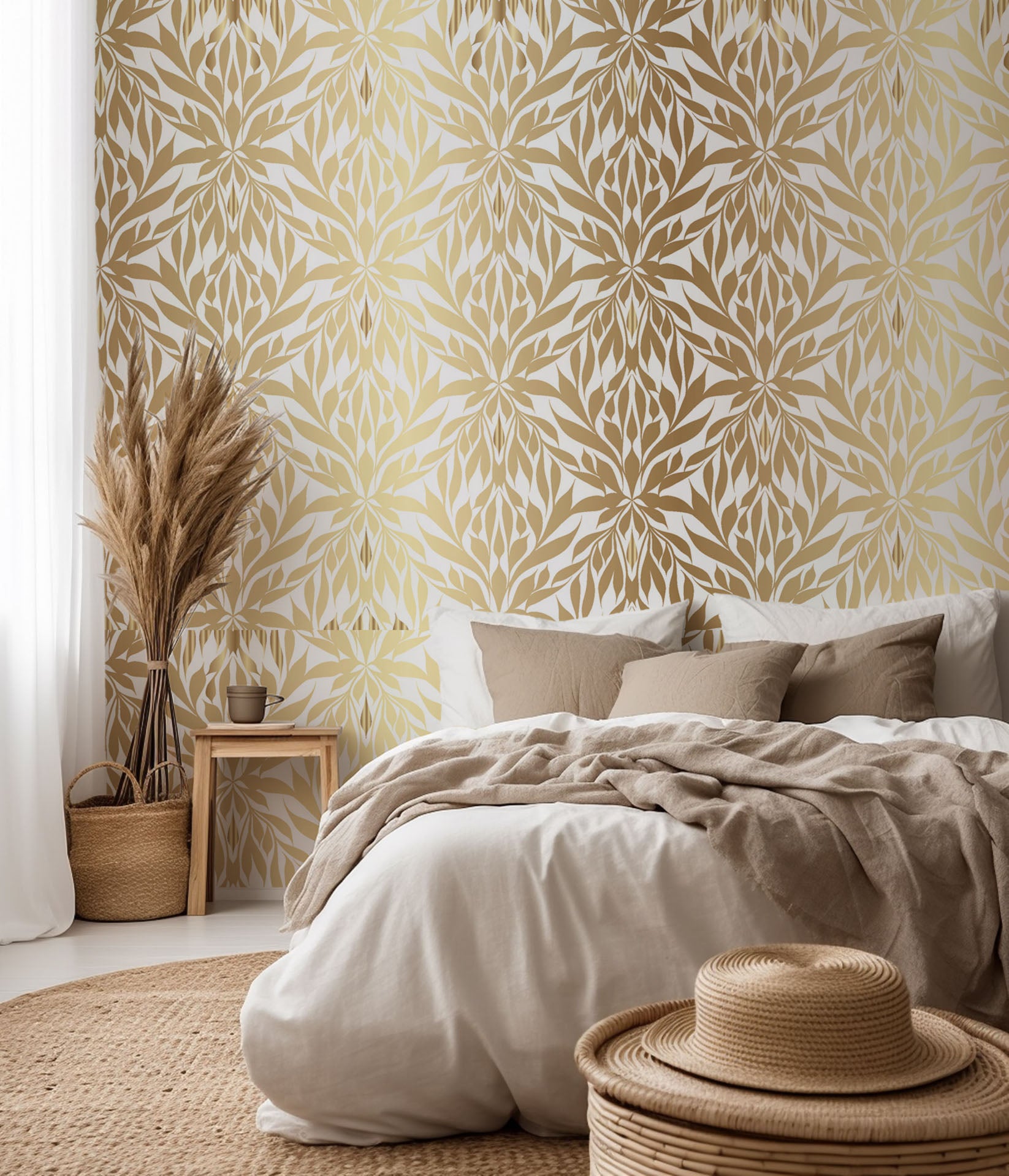 Metallic gold and white damask peel and stick wallpaper featuring a botanical pattern labeled 'Gilded Symmetry'