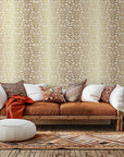 Self-adhesive wallpaper featuring a white and shimmering gold damask botanical pattern