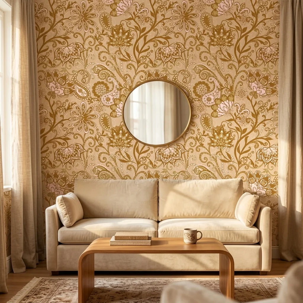 Gilded Tapestry warm gold paisley floral wallpaper creating ambiance in a serene bathroom