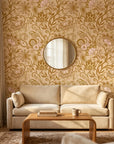 Gilded Tapestry warm gold paisley floral wallpaper creating ambiance in a serene bathroom